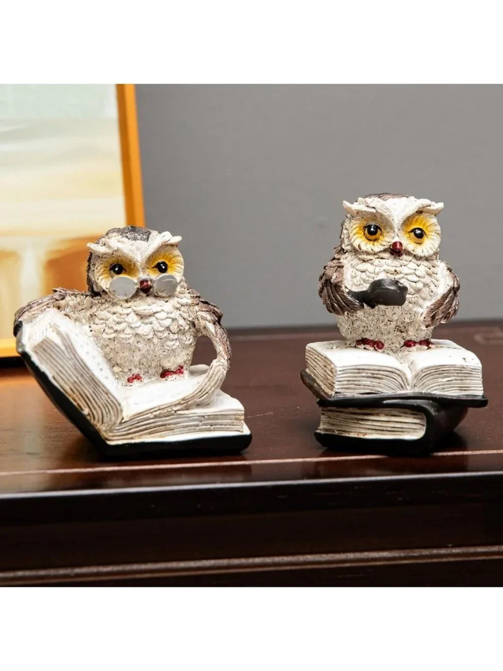 Charming 2PCS Retro Resin Owl Statues - Wise Owl Thinker Sculptures for Home